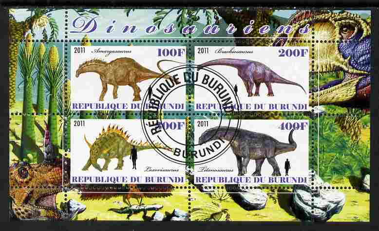 Burundi 2011 Dinosaurs #3 perf sheetlet containing 4 values fine cto used, stamps on , stamps on  stamps on dinosaurs