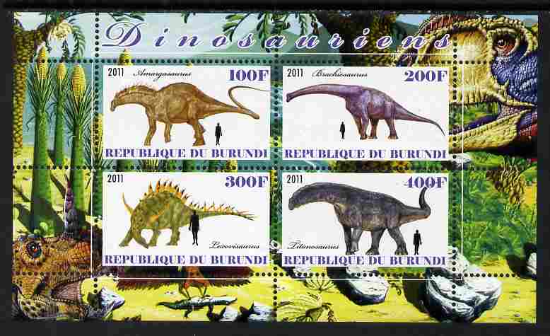 Burundi 2011 Dinosaurs #3 perf sheetlet containing 4 values unmounted mint, stamps on dinosaurs