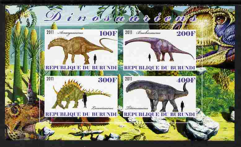 Burundi 2011 Dinosaurs #3 imperf sheetlet containing 4 values unmounted mint, stamps on dinosaurs