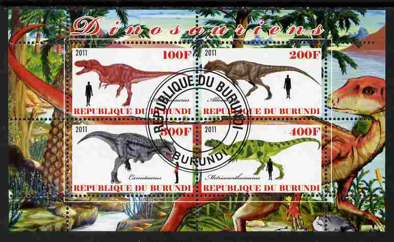 Burundi 2011 Dinosaurs #4 perf sheetlet containing 4 values fine cto used, stamps on , stamps on  stamps on dinosaurs