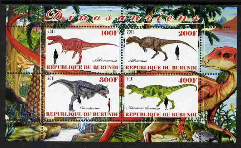 Burundi 2011 Dinosaurs #4 perf sheetlet containing 4 values unmounted mint, stamps on dinosaurs