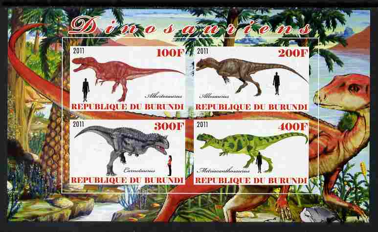 Burundi 2011 Dinosaurs #4 imperf sheetlet containing 4 values unmounted mint, stamps on dinosaurs