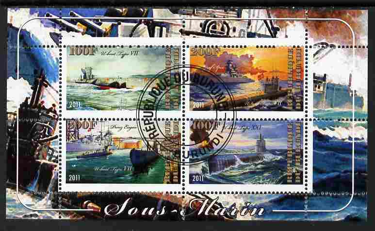 Burundi 2011 Submarines perf sheetlet containing 4 values fine cto used, stamps on ships, stamps on submarines