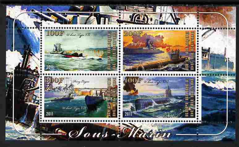 Burundi 2011 Submarines perf sheetlet containing 4 values unmounted mint, stamps on ships, stamps on submarines