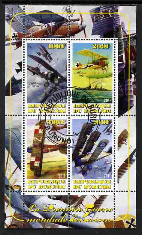 Burundi 2011 Aircraft of WW1 #1 perf sheetlet containing 4 values fine cto used, stamps on aviation, stamps on  ww1 , stamps on ships, stamps on seaplanes