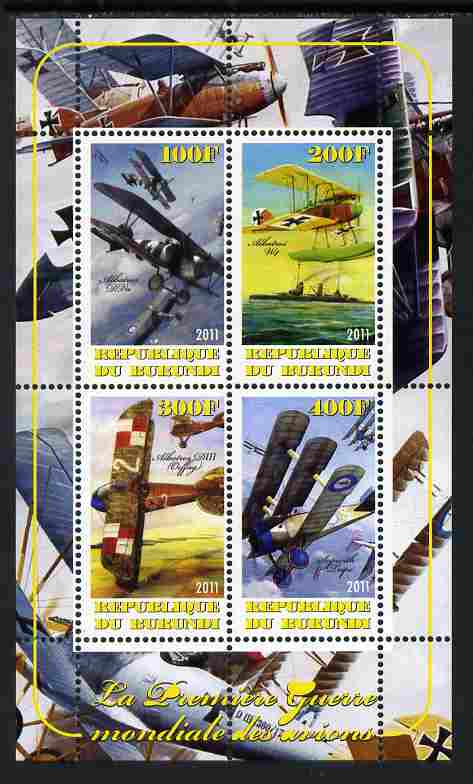 Burundi 2011 Aircraft of WW1 #1 perf sheetlet containing 4 values unmounted mint, stamps on , stamps on  stamps on aviation, stamps on  stamps on  ww1 , stamps on  stamps on ships, stamps on  stamps on seaplanes