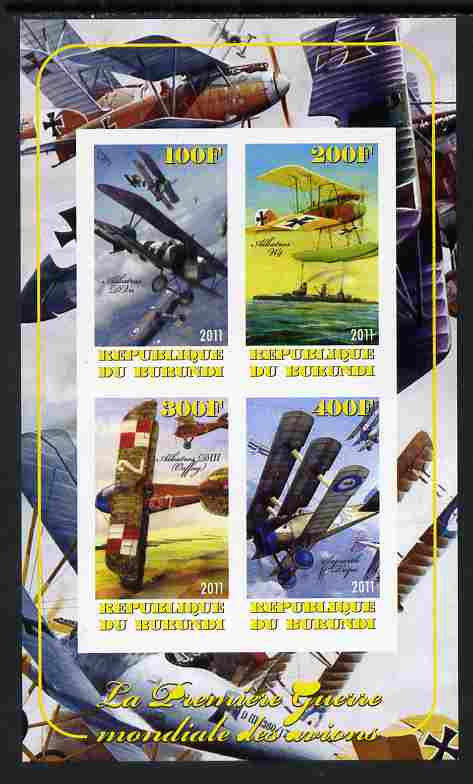 Burundi 2011 Aircraft of WW1 #1 imperf sheetlet containing 4 values unmounted mint, stamps on aviation, stamps on  ww1 , stamps on ships, stamps on seaplanes