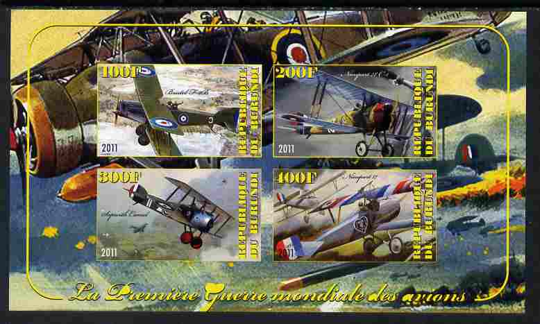 Burundi 2011 Aircraft of WW1 #2 imperf sheetlet containing 4 values unmounted mint, stamps on aviation, stamps on  ww1 , stamps on 