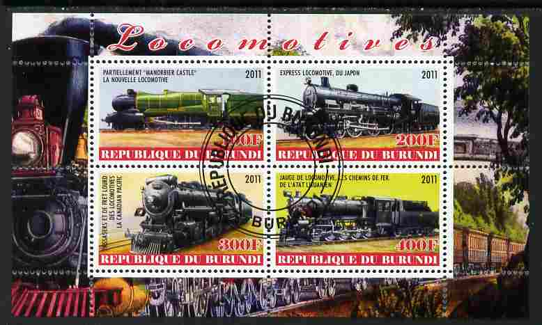 Burundi 2011 Steam Locomotives #1 perf sheetlet containing 4 values fine cto used, stamps on , stamps on  stamps on railways