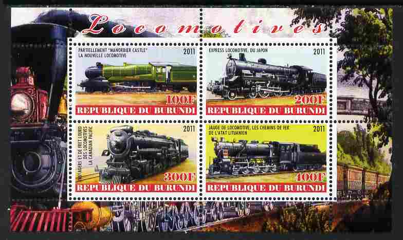 Burundi 2011 Steam Locomotives #1 perf sheetlet containing 4 values unmounted mint, stamps on railways