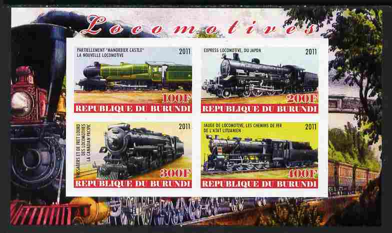 Burundi 2011 Steam Locomotives #1 imperf sheetlet containing 4 values unmounted mint, stamps on , stamps on  stamps on railways