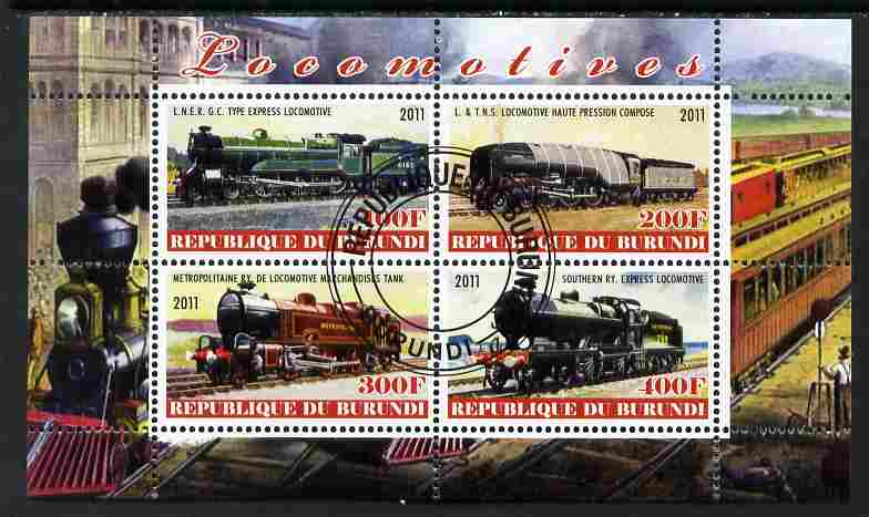 Burundi 2011 Steam Locomotives #2 perf sheetlet containing 4 values fine cto used, stamps on , stamps on  stamps on railways