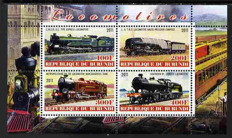 Burundi 2011 Steam Locomotives #2 perf sheetlet containing 4 values unmounted mint, stamps on , stamps on  stamps on railways