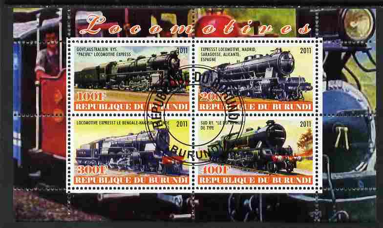 Burundi 2011 Steam Locomotives #3 perf sheetlet containing 4 values fine cto used, stamps on , stamps on  stamps on railways