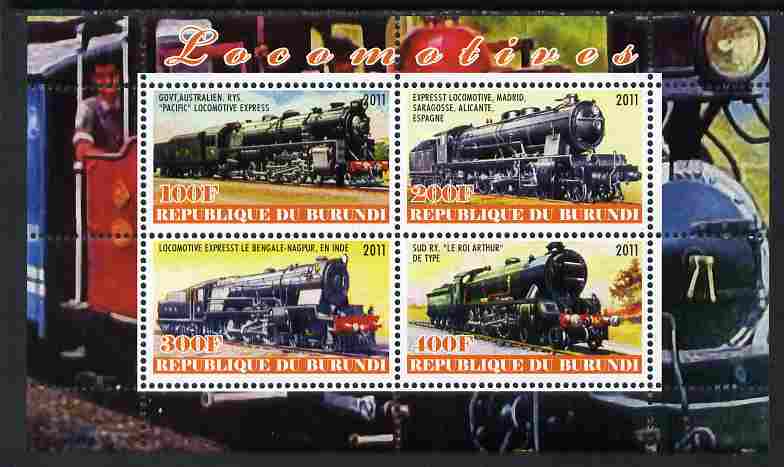 Burundi 2011 Steam Locomotives #3 perf sheetlet containing 4 values unmounted mint, stamps on , stamps on  stamps on railways