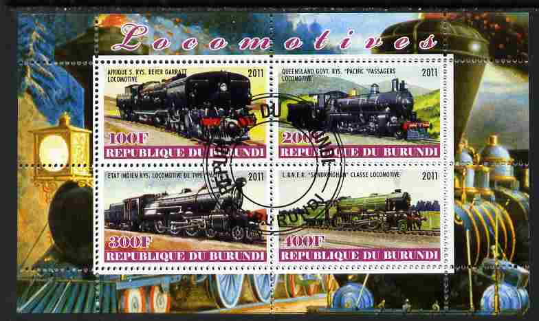 Burundi 2011 Steam Locomotives #4 perf sheetlet containing 4 values fine cto used, stamps on , stamps on  stamps on railways