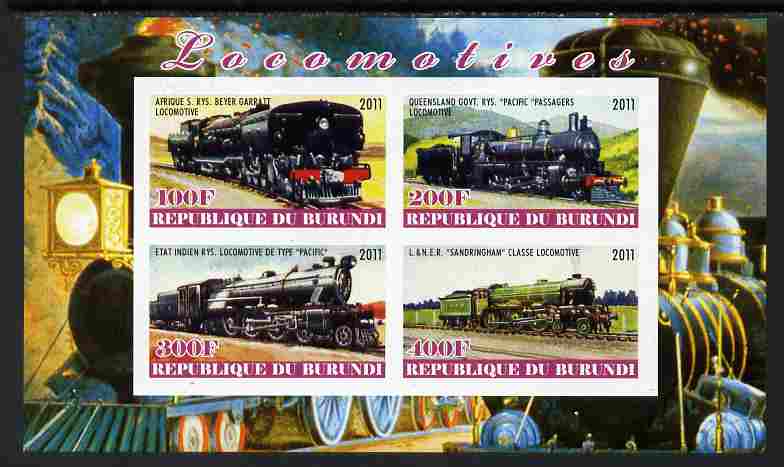 Burundi 2011 Steam Locomotives #4 imperf sheetlet containing 4 values unmounted mint, stamps on , stamps on  stamps on railways