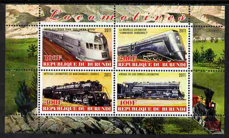 Burundi 2011 Steam Locomotives #5 perf sheetlet containing 4 values unmounted mint, stamps on railways