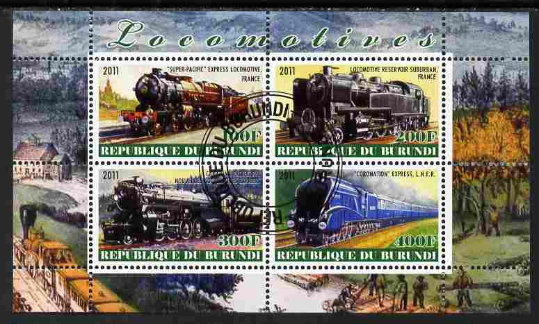 Burundi 2011 Steam Locomotives #6 perf sheetlet containing 4 values fine cto used, stamps on , stamps on  stamps on railways