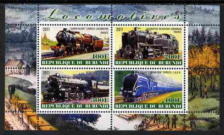 Burundi 2011 Steam Locomotives #6 perf sheetlet containing 4 values unmounted mint, stamps on , stamps on  stamps on railways