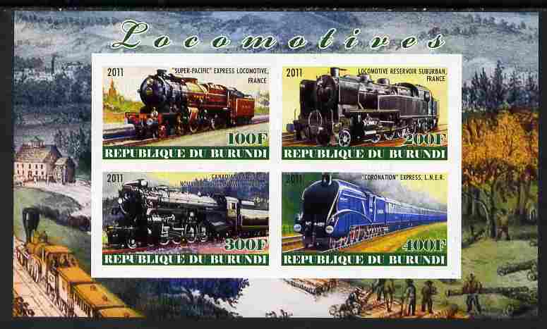 Burundi 2011 Steam Locomotives #6 imperf sheetlet containing 4 values unmounted mint, stamps on railways
