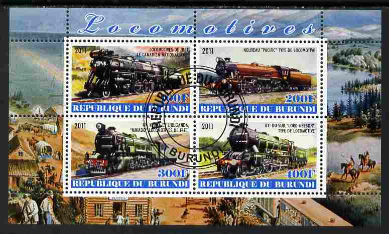 Burundi 2011 Steam Locomotives #7 perf sheetlet containing 4 values fine cto used, stamps on , stamps on  stamps on railways