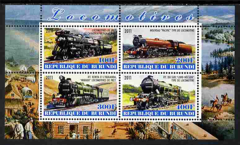 Burundi 2011 Steam Locomotives #7 perf sheetlet containing 4 values unmounted mint, stamps on , stamps on  stamps on railways