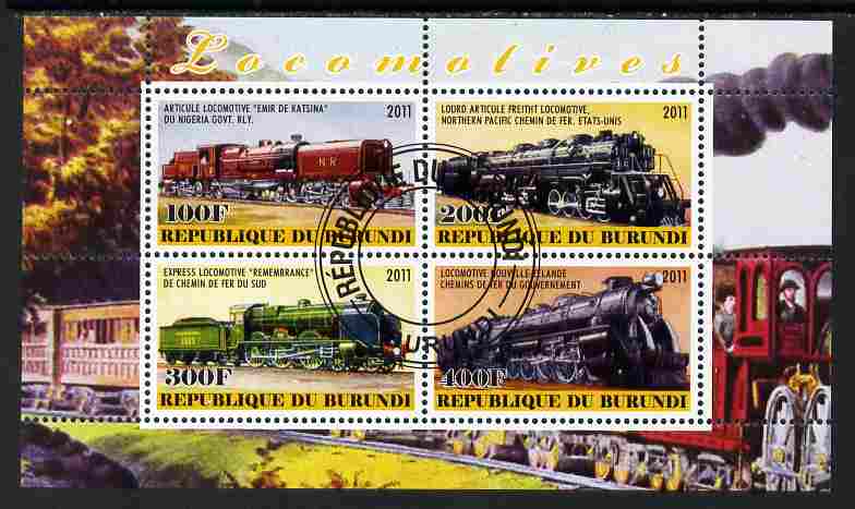 Burundi 2011 Steam Locomotives #8 perf sheetlet containing 4 values fine cto used, stamps on , stamps on  stamps on railways