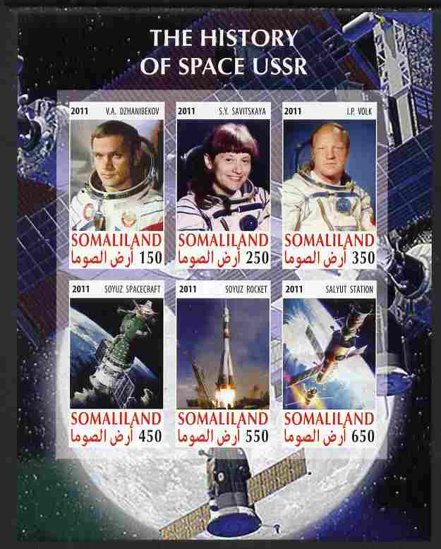 Somaliland 2011 History of Space - USSR #02 imperf sheetlet containing 6 values unmounted mint, stamps on space, stamps on satellites