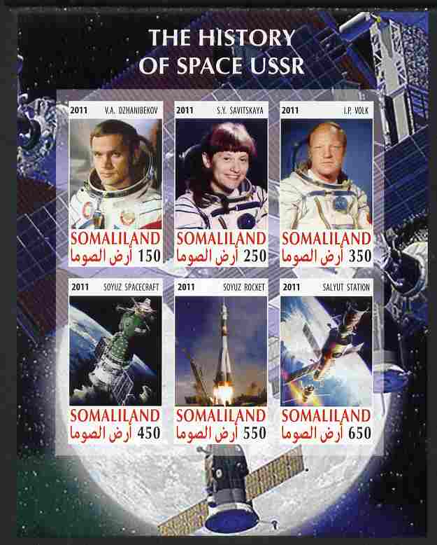 Somaliland 2011 History of Space - USSR #02 imperf sheetlet containing 6 values unmounted mint, stamps on , stamps on  stamps on space, stamps on  stamps on satellites