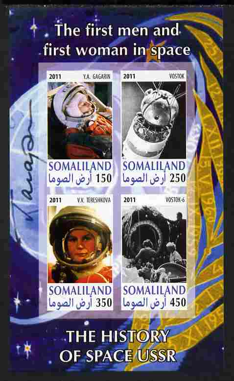 Somaliland 2011 History of Space - USSR #11 imperf sheetlet containing 4 values unmounted mint, stamps on , stamps on  stamps on space, stamps on  stamps on 