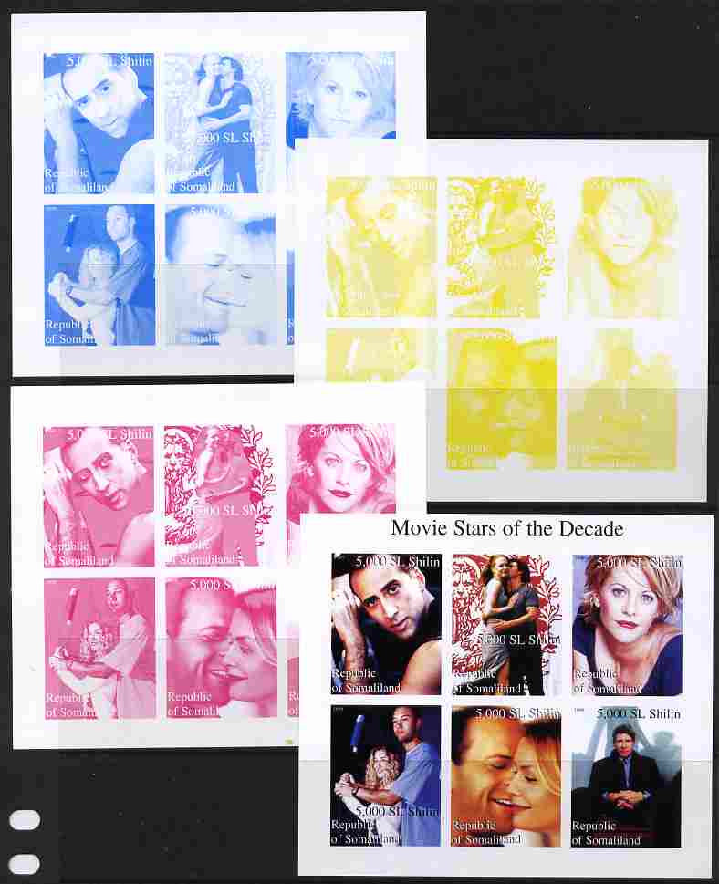 Somaliland 1999 Movie Stars of the Decade sheetlet containing set of 6 values (H Ford, Meg Ryan, Tom Cruise, etc) - the set of 4 imperf progressive proofs comprising 3 individual colours plus all 4-colour composite, unmounted mint , stamps on , stamps on  stamps on personalities, stamps on entertainments, stamps on films, stamps on cinema, stamps on  stamps on movies