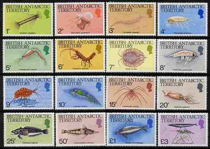 British Antarctic Territory 1984 Marine Life definitive set complete 16 values unmounted mint, SG 123-38, stamps on , stamps on  stamps on marine life, stamps on  stamps on seals, stamps on  stamps on fish, stamps on  stamps on squid, stamps on  stamps on 