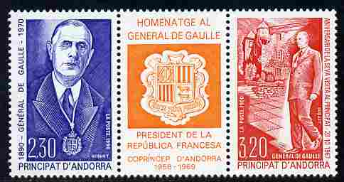 Andorra - French 1990 Birth Centenary of Charles de Gaulle se-tenant strip of 3 (2 stamps plus label) unmounted mint, SG F434a, stamps on , stamps on  stamps on personalities, stamps on  stamps on de gaulle, stamps on  stamps on constitutions, stamps on  stamps on arms, stamps on  stamps on heraldry