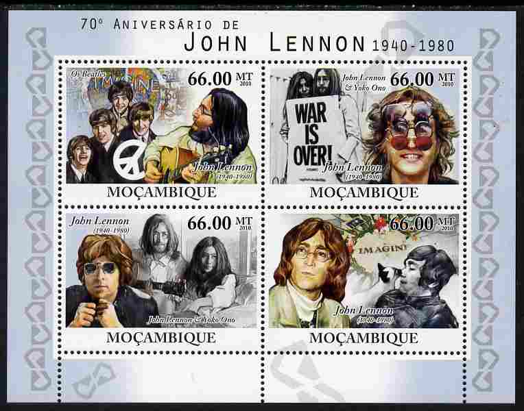 Mozambique 2010 70th Birth Anniversary of John Lennon perf sheetlet containing 4 values unmounted mint, stamps on personalities, stamps on beatles, stamps on music, stamps on rock, stamps on pops