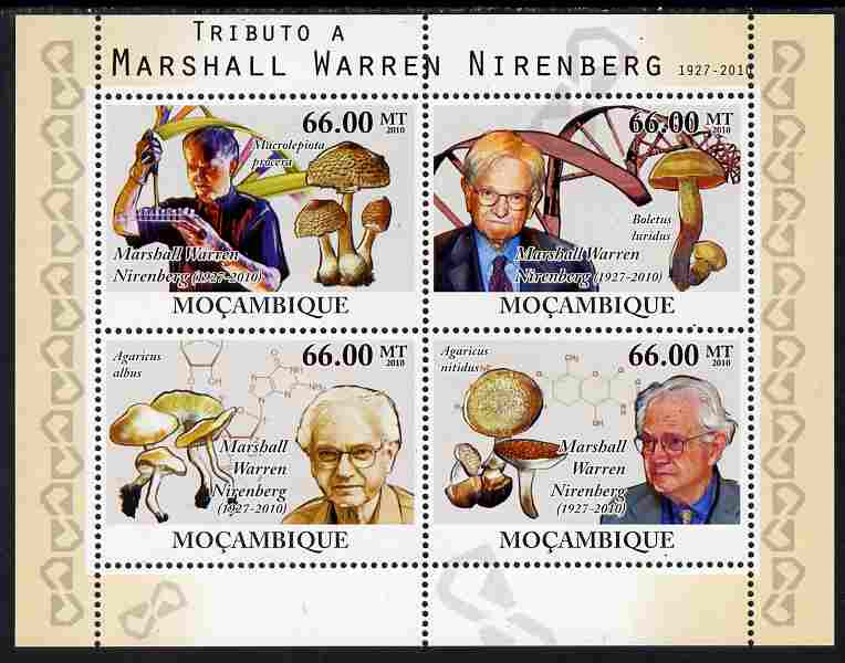 Mozambique 2010 Tribute to Marshall Warren Nirenberg (biochemist) perf sheetlet containing 4 values unmounted mint, stamps on personalities, stamps on chemistry, stamps on nobel, stamps on fungi, stamps on  dna , stamps on 