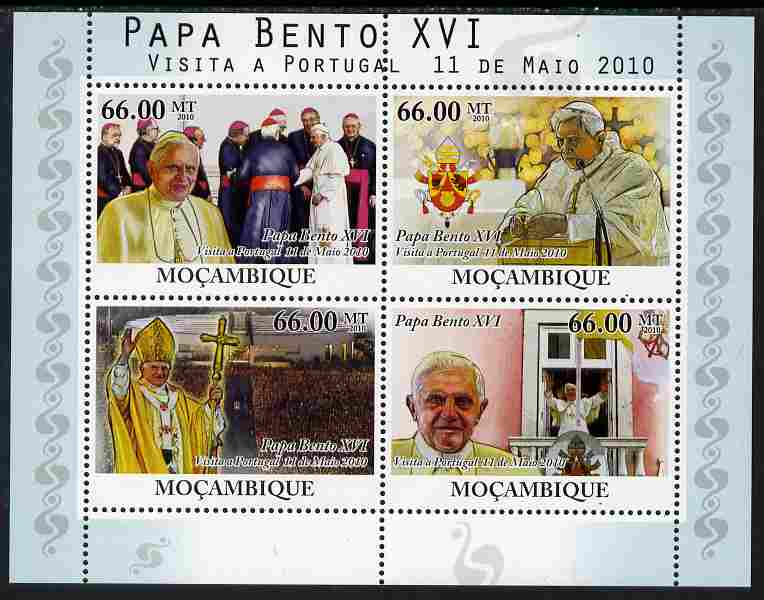 Mozambique 2010 Pope Benedict Visit to Portugal perf sheetlet containing 4 values unmounted mint, stamps on , stamps on  stamps on personalities, stamps on  stamps on pope, stamps on  stamps on popes
