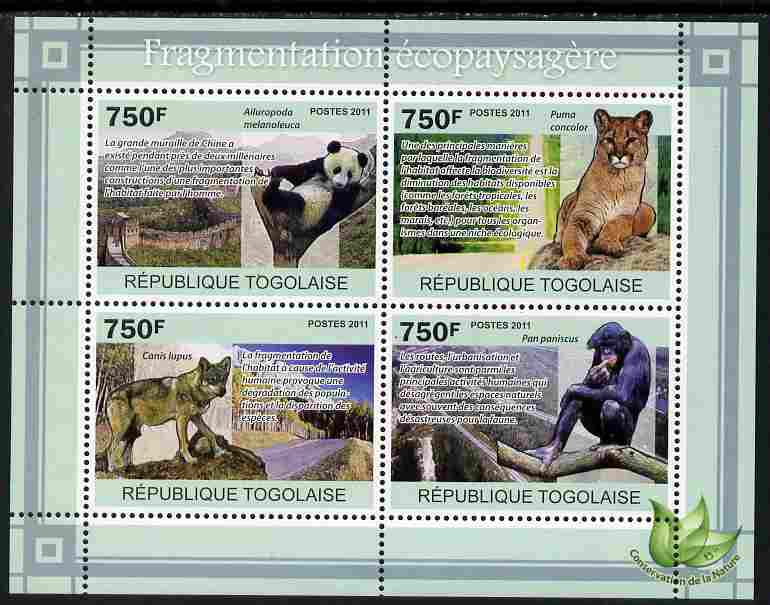 Togo 2011 Environment - Fragmentation of Habitat - Animals perf sheetlet containing 4 values unmounted mint, stamps on , stamps on  stamps on environment, stamps on  stamps on animals, stamps on  stamps on pandas, stamps on  stamps on bears, stamps on  stamps on apes, stamps on  stamps on cats, stamps on  stamps on pumas, stamps on  stamps on wolves