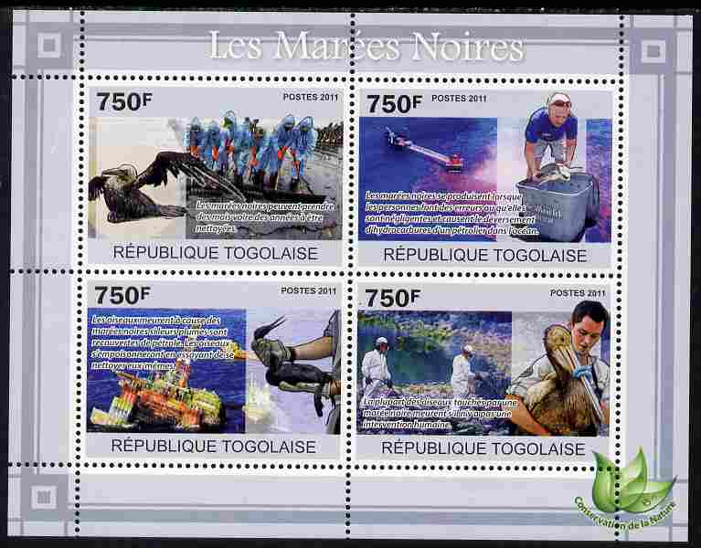 Togo 2011 Environment - Oil Spills - Animals & Birds perf sheetlet containing 4 values unmounted mint, stamps on , stamps on  stamps on environment, stamps on  stamps on disasters, stamps on  stamps on  oil , stamps on  stamps on animals, stamps on  stamps on birds, stamps on  stamps on 