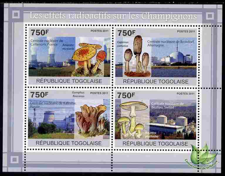 Togo 2011 Environment - Radioactivity - Mushrooms perf sheetlet containing 4 values unmounted mint, stamps on , stamps on  stamps on environment, stamps on  stamps on disasters, stamps on  stamps on atomics, stamps on  stamps on fungi, stamps on  stamps on 