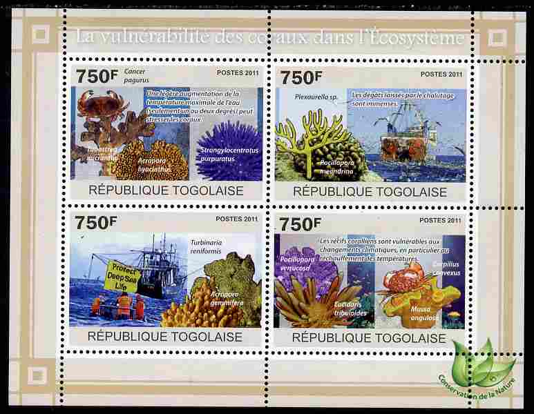 Togo 2011 Environment - Vulnerable Corals - Ships perf sheetlet containing 4 values unmounted mint, stamps on , stamps on  stamps on environment, stamps on  stamps on marine life, stamps on  stamps on coral, stamps on  stamps on ships, stamps on  stamps on 