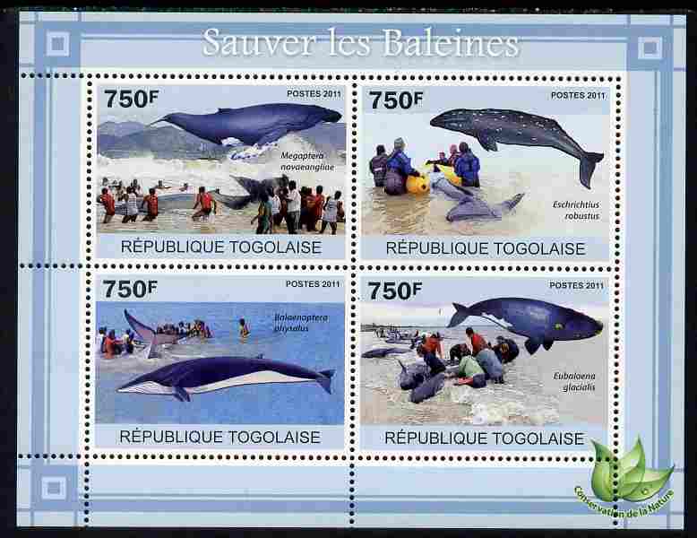 Togo 2011 Save the Whales perf sheetlet containing 4 values unmounted mint, stamps on , stamps on  stamps on marine life, stamps on  stamps on whales