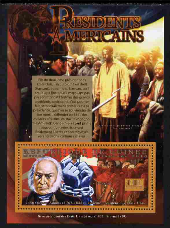 Guinea - Conakry 2010-11 Presidents of the USA #06 - John Quincy Adams perf s/sheet unmounted mint Michel BL 1880, stamps on , stamps on  stamps on americana, stamps on  stamps on usa presidents, stamps on  stamps on constitutions, stamps on  stamps on slavery