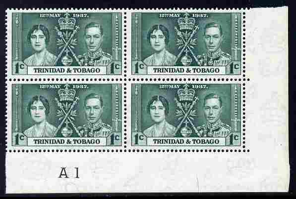 Trinidad & Tobago 1937 KG6 Coronatio 1c corner plate block of 4 (plate A1) unmounted mint (plate numbers are surprisingly scarce on the Coronation issues), stamps on , stamps on  stamps on royalty, stamps on  stamps on  kg6 , stamps on  stamps on coronation