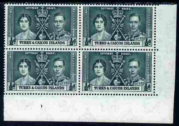 Turks & Caicos Islands 1937 KG6 Coronation 1/2d corner plate block of 4 (plate 1) unmounted mint (Coronation plate blocks are rare) SG 191, stamps on , stamps on  stamps on royalty, stamps on  stamps on  kg6 , stamps on  stamps on coronation