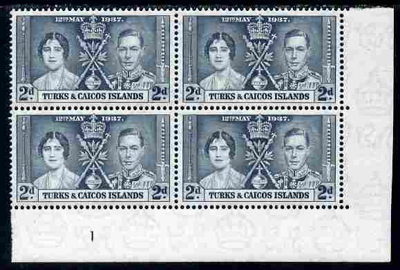 Turks & Caicos Islands 1937 KG6 Coronation 2d corner plate block of 4 (plate 1) unmounted mint (Coronation plate blocks are rare) SG 192, stamps on , stamps on  stamps on royalty, stamps on  stamps on  kg6 , stamps on  stamps on coronation