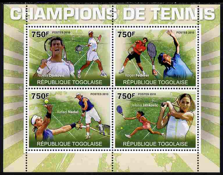 Togo 2010 Champions of Tennis perf sheetlet containing 4 values unmounted mint Yvert 2256-59, stamps on , stamps on  stamps on sport, stamps on  stamps on tennis, stamps on  stamps on federer, stamps on  stamps on nadal, stamps on  stamps on jankovic