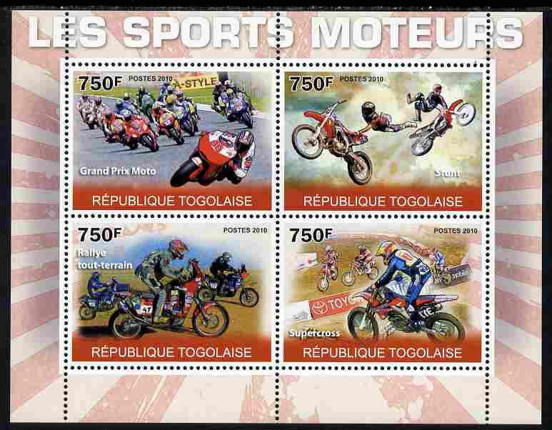 Togo 2010 Motorsport perf sheetlet containing 4 values unmounted mint Yvert 2264-67, stamps on , stamps on  stamps on sport, stamps on  stamps on motorbikes