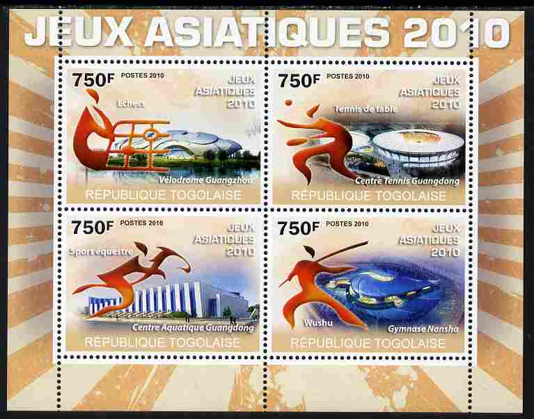 Togo 2010 Asian Games perf sheetlet containing 4 values unmounted mint Yvert 2284-87, stamps on , stamps on  stamps on sport, stamps on  stamps on stadia