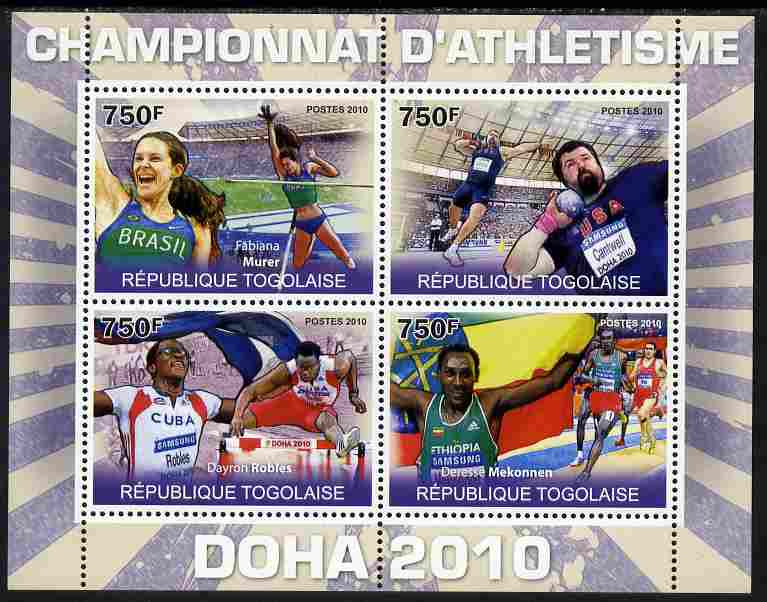 Togo 2010 Doha Athletic Champions perf sheetlet containing 4 values unmounted mint Yvert 2288-91, stamps on , stamps on  stamps on sport, stamps on  stamps on athletics, stamps on  stamps on shot, stamps on  stamps on hurdles, stamps on  stamps on running, stamps on  stamps on pole